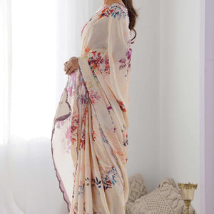 Cream Floral Printed Chinon Saree