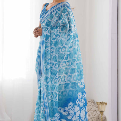 Blue Tie Dye Printed Chinon Saree