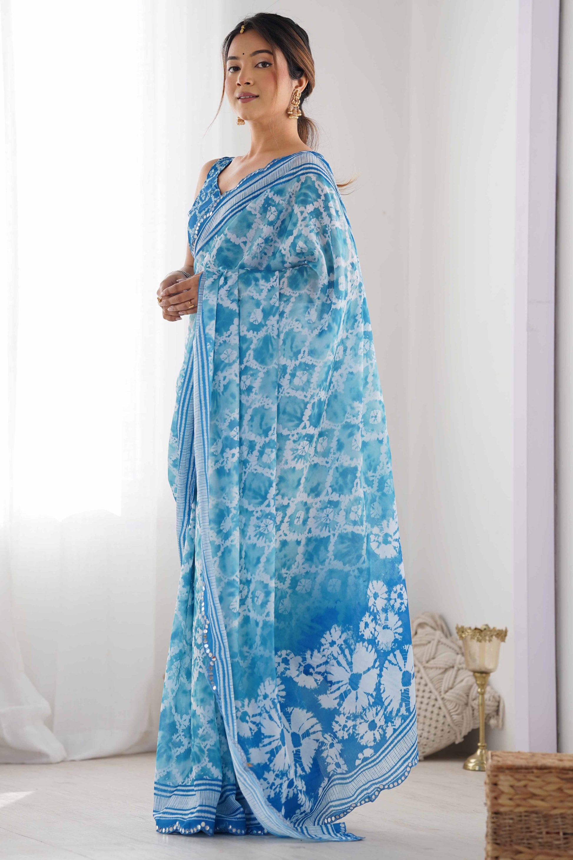 Blue Tie Dye Printed Chinon Saree