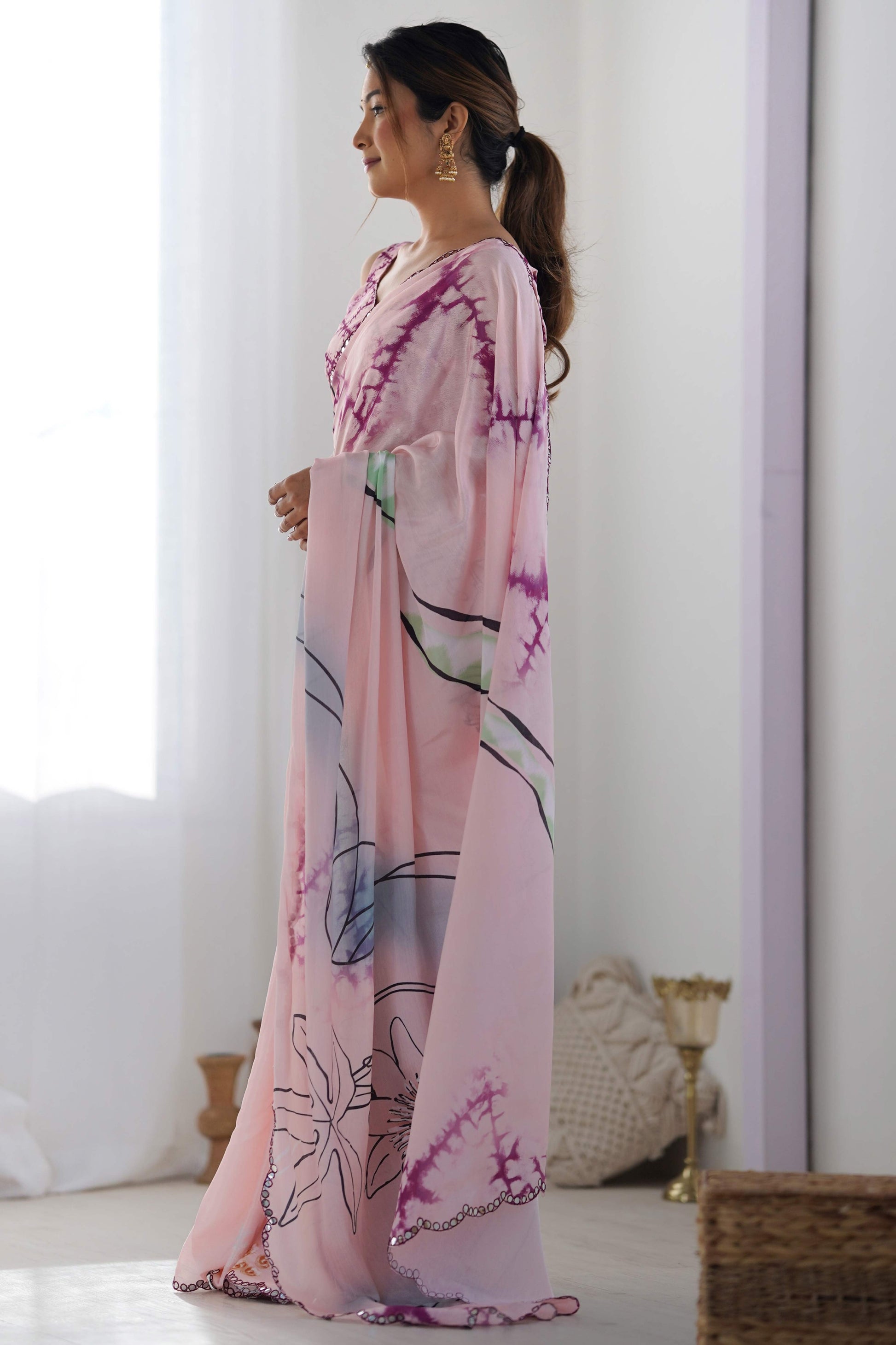 Light Pink Abstract Printed Chinon Saree