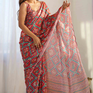 Gajri Pink Patola Printed Chinon Saree