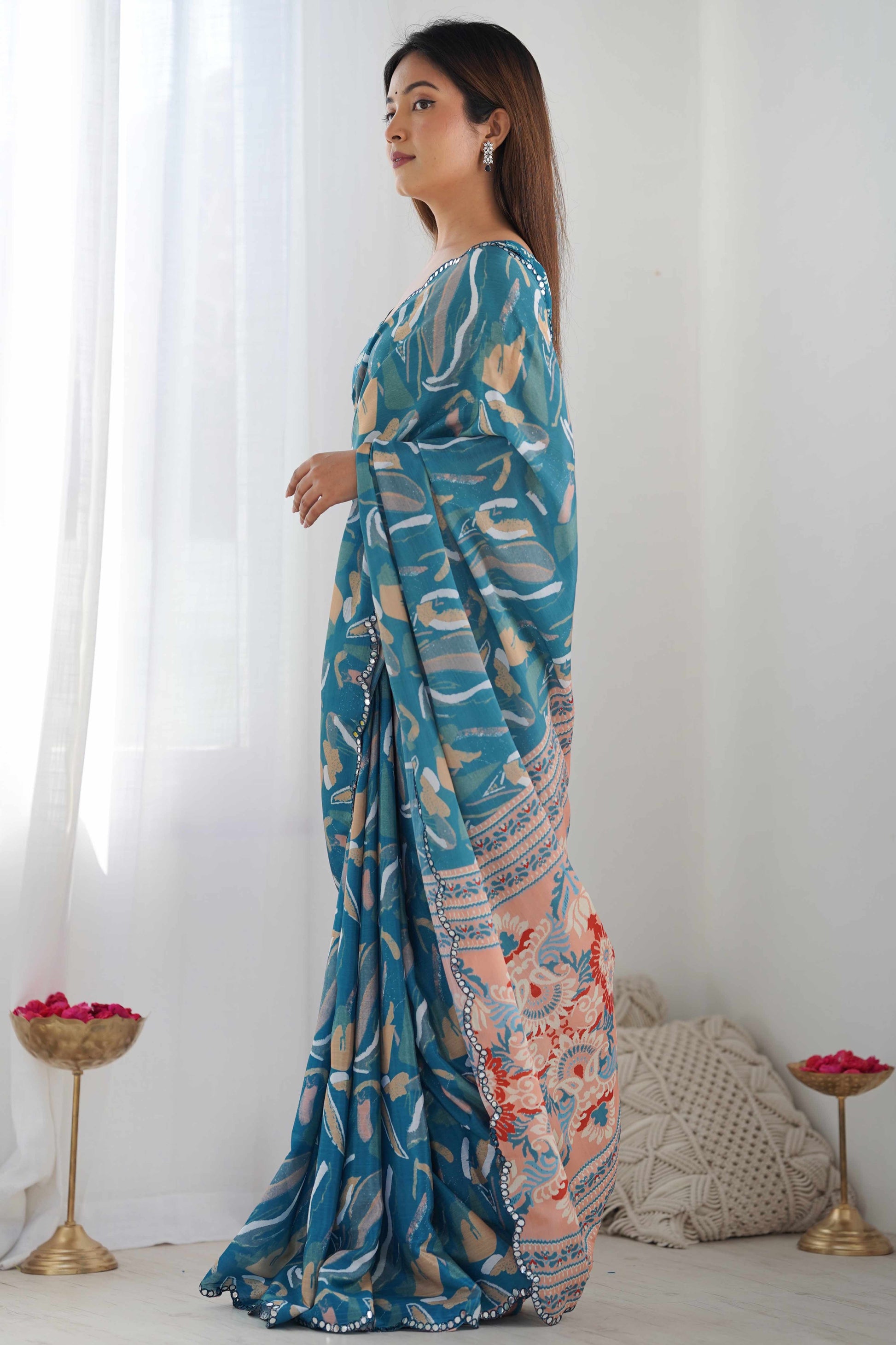Light Teal Floral Printed Chinon Saree
