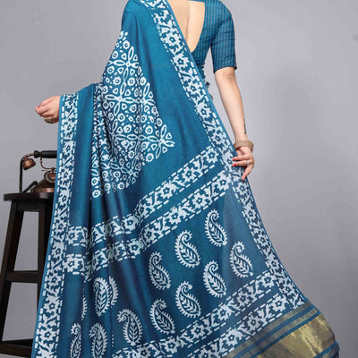 Morpich Blue Floral Printed Chanderi Cotton Silk Lagdi patta Saree