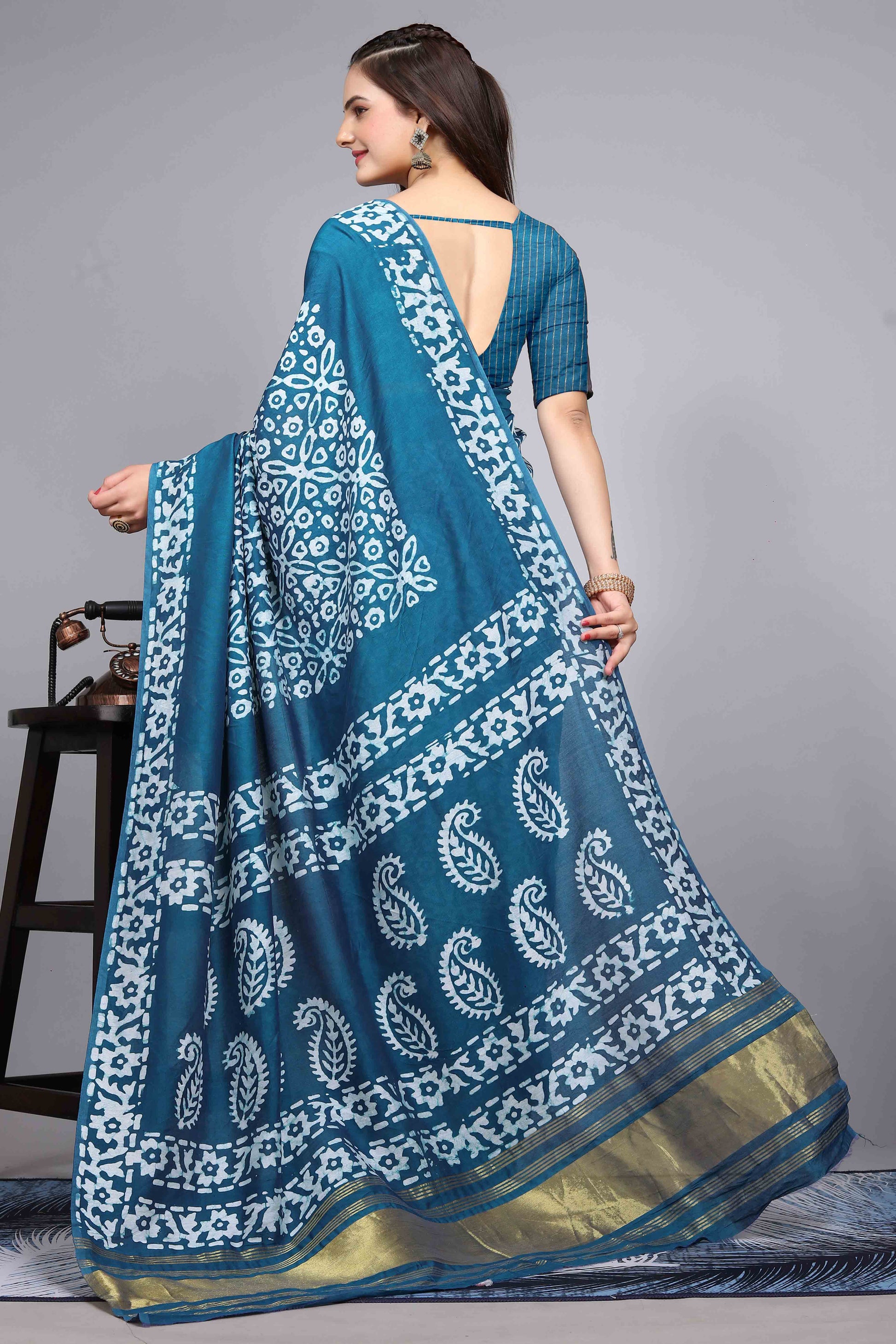 Morpich Blue Floral Printed Chanderi Cotton Silk Lagdi patta Saree