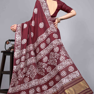 Maroon Floral Printed Chanderi Cotton Silk Lagdi patta Saree