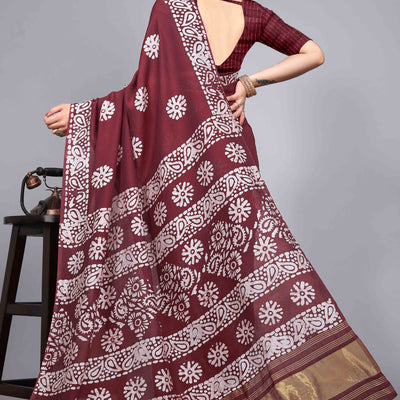 Maroon Floral Printed Chanderi Cotton Silk Lagdi patta Saree