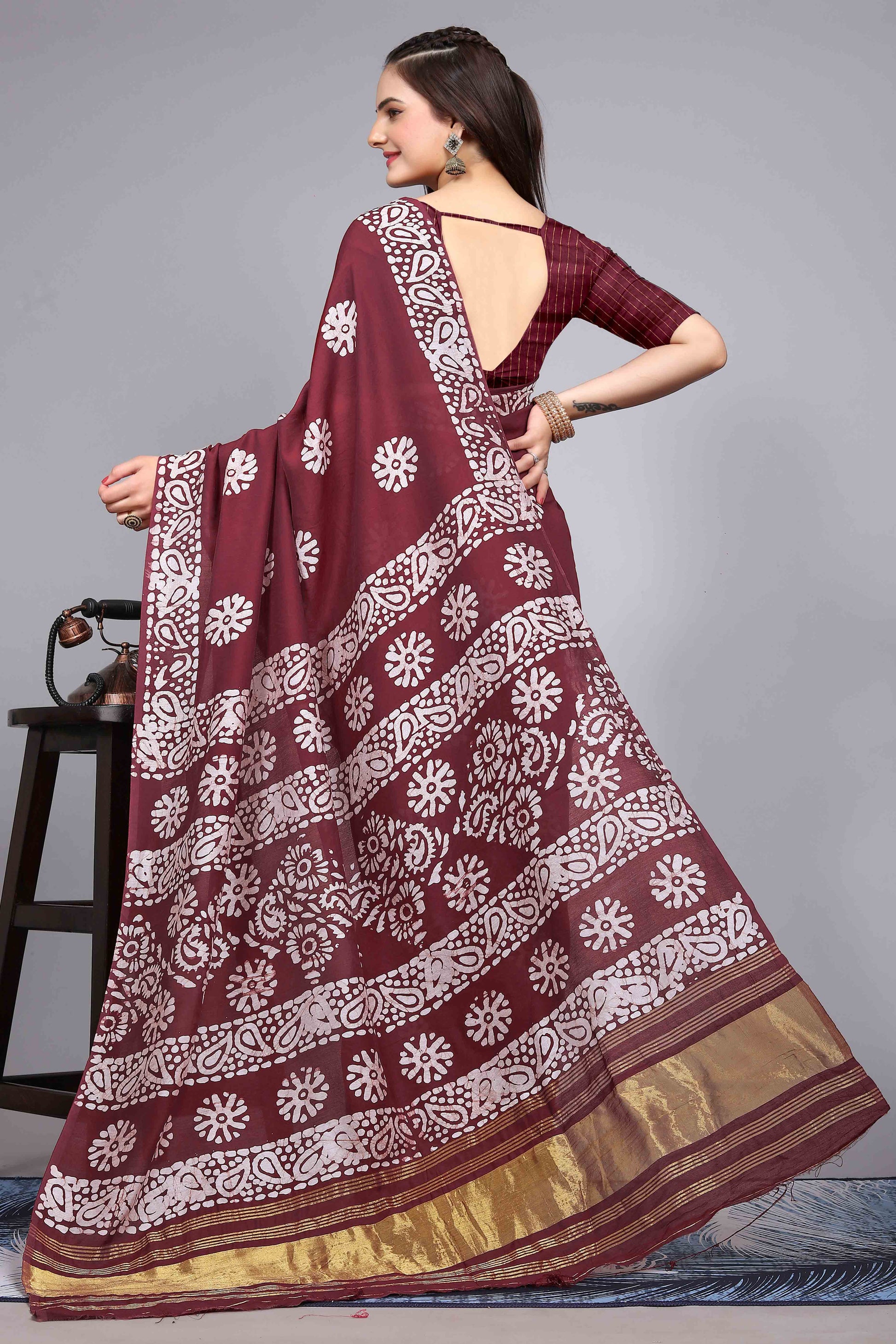 Maroon Floral Printed Chanderi Cotton Silk Lagdi patta Saree