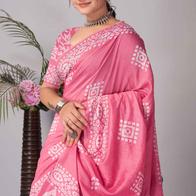 Gajari Pink Batik Printed Chanderi Cotton Silk Saree