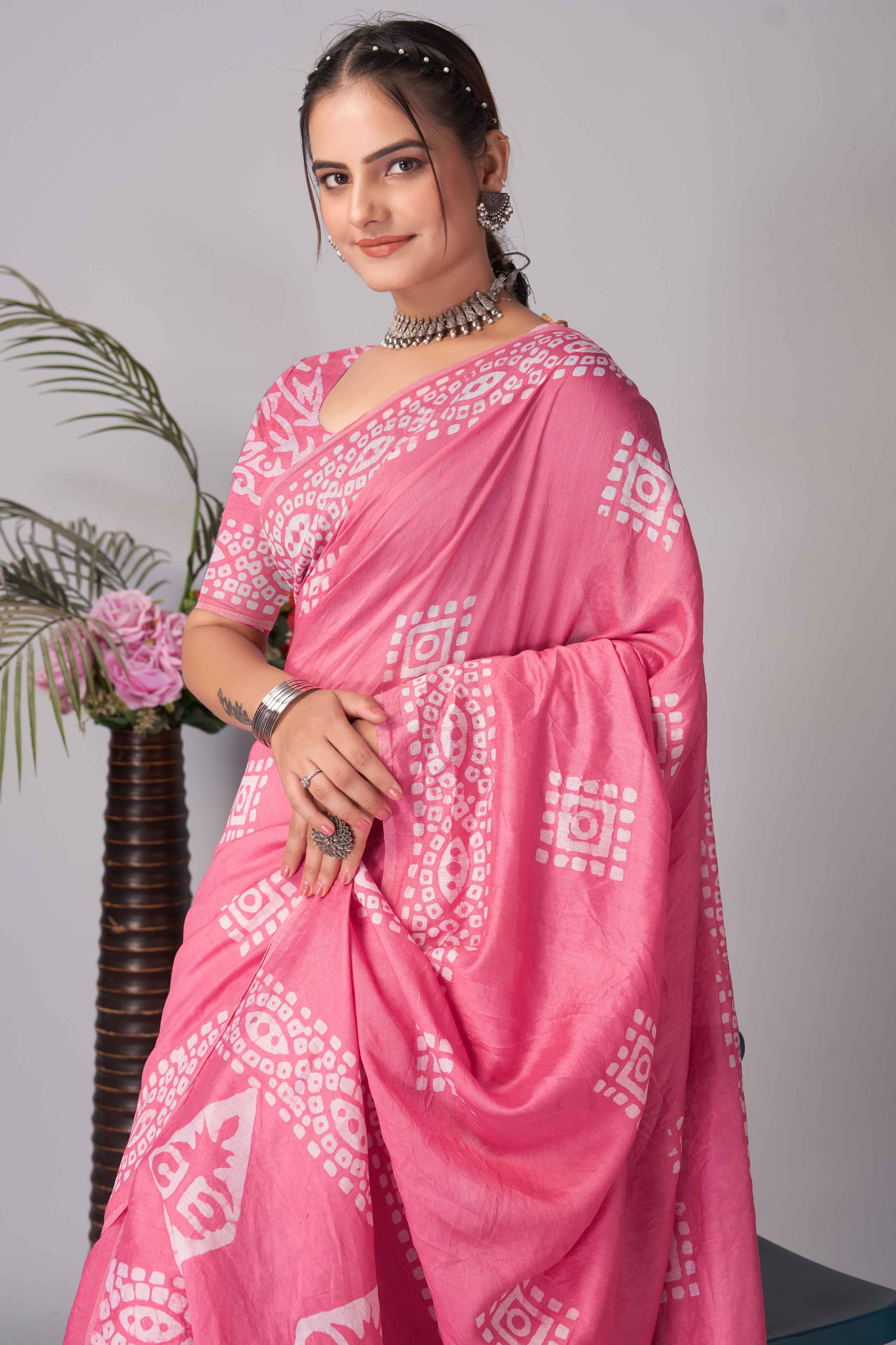 Gajari Pink Batik Printed Chanderi Cotton Silk Saree