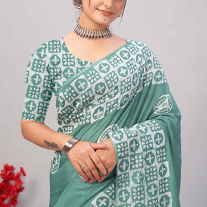 Dusty Green Batik Printed Chanderi Cotton Silk Saree