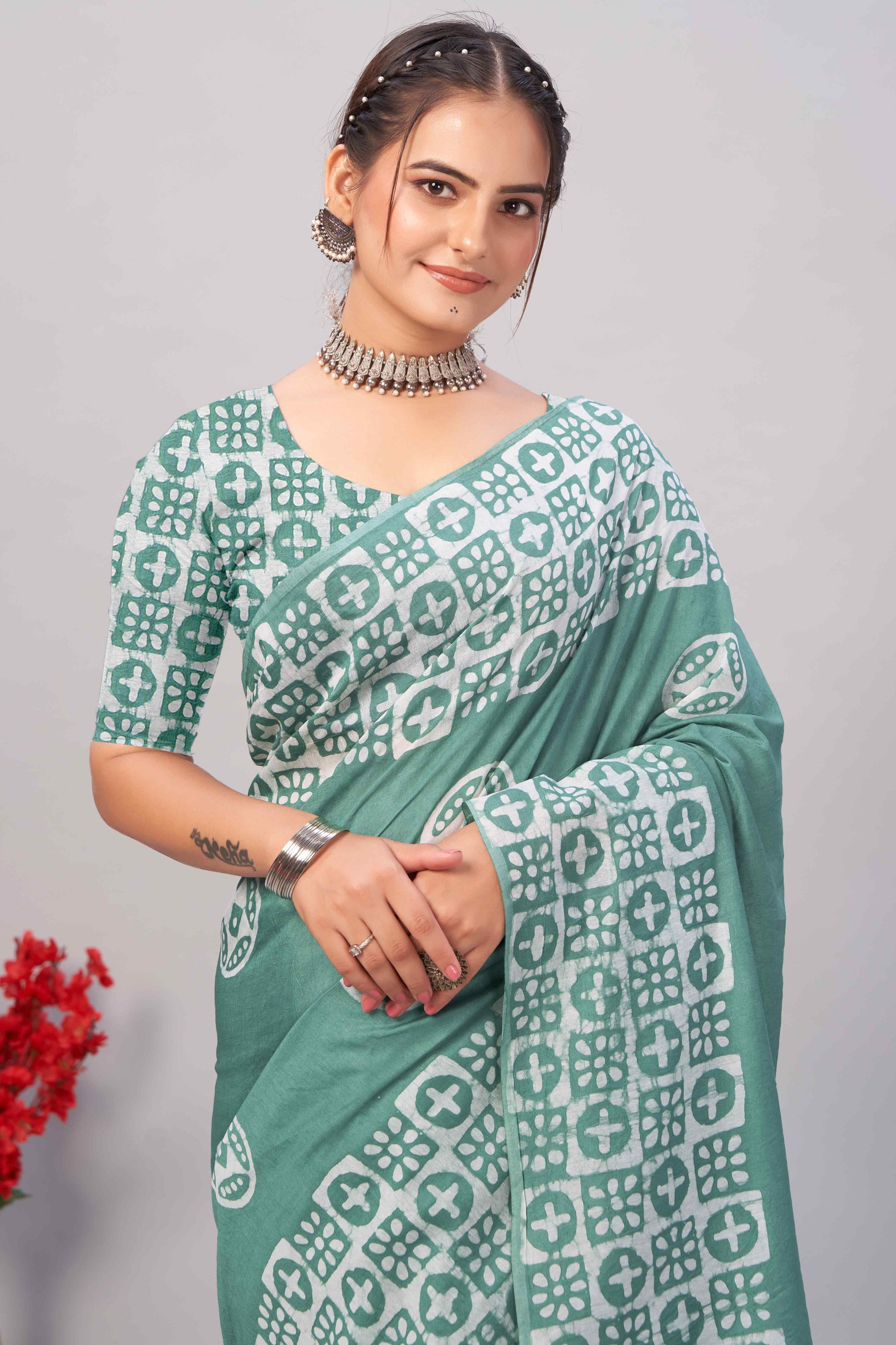 Dusty Green Batik Printed Chanderi Cotton Silk Saree