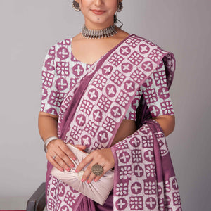 Light Wine Batik Printed Chanderi Cotton Silk Saree