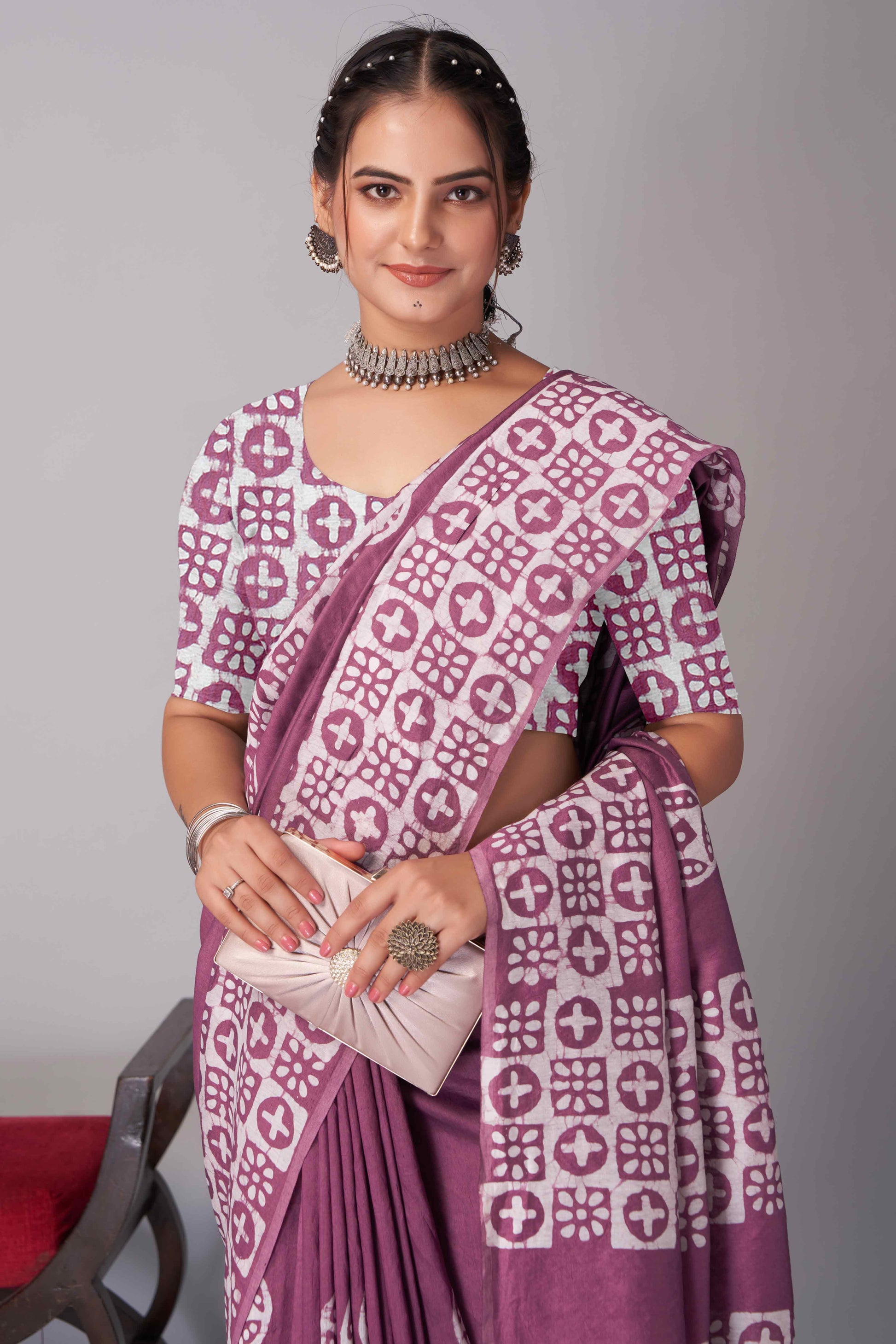 Light Wine Batik Printed Chanderi Cotton Silk Saree