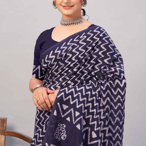 Dark Blue Zig Zag Batik Printed Chanderi Cotton Silk Saree