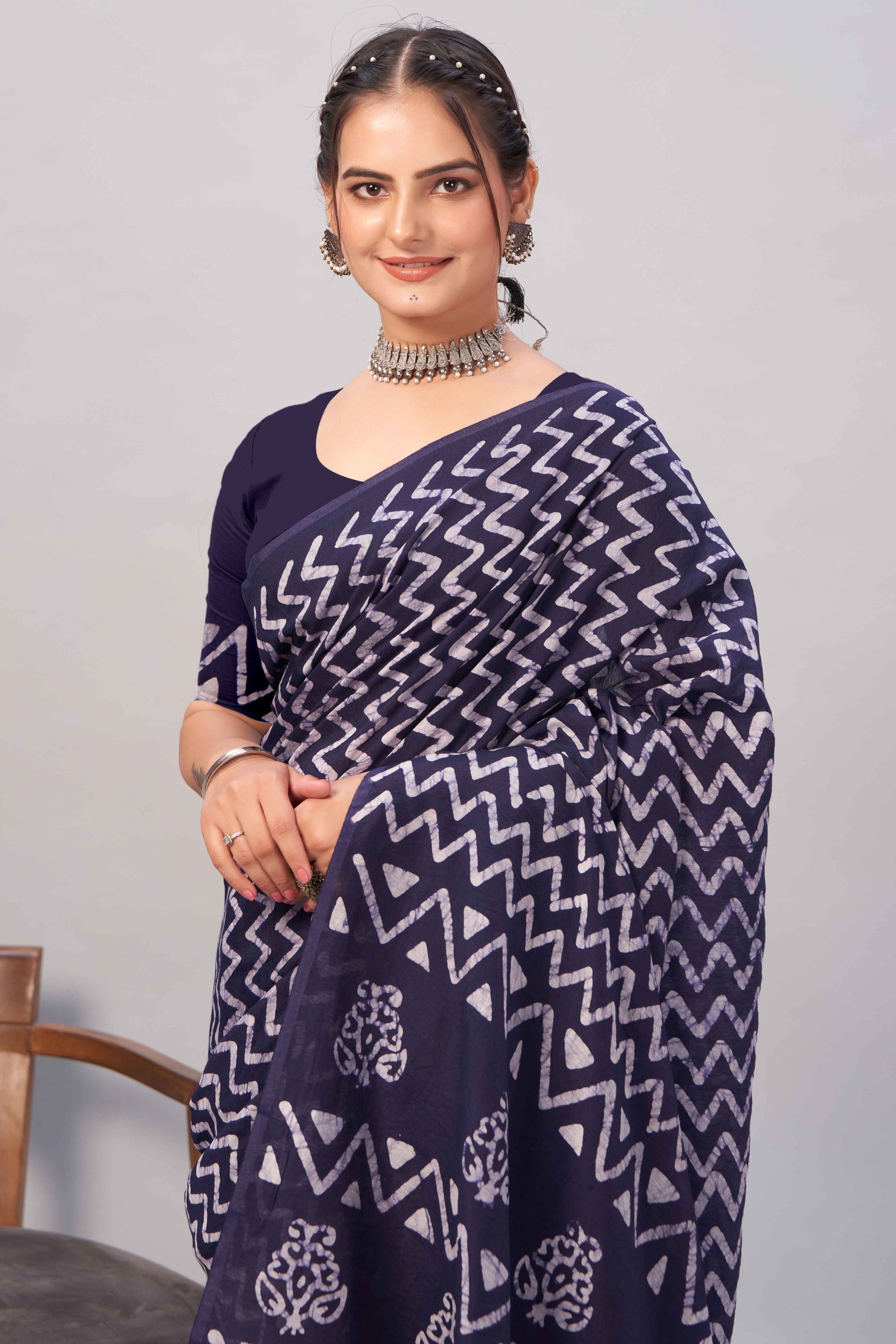 Dark Blue Zig Zag Batik Printed Chanderi Cotton Silk Saree