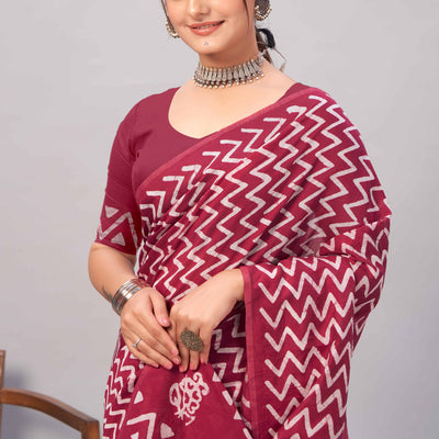Maroon Zig Zag Batik Printed Chanderi Cotton Silk Saree