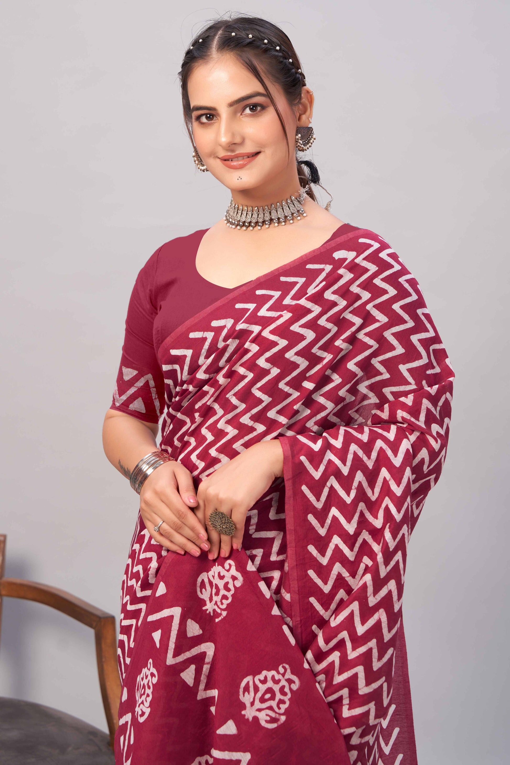 Maroon Zig Zag Batik Printed Chanderi Cotton Silk Saree