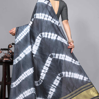 Grey Shibori Leheriya Printed Chanderi Cotton Silk Lagdi Patta Saree