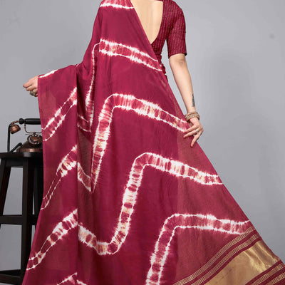 Maroon Shibori Leheriya Printed Chanderi Cotton Silk Lagdi Patta Saree