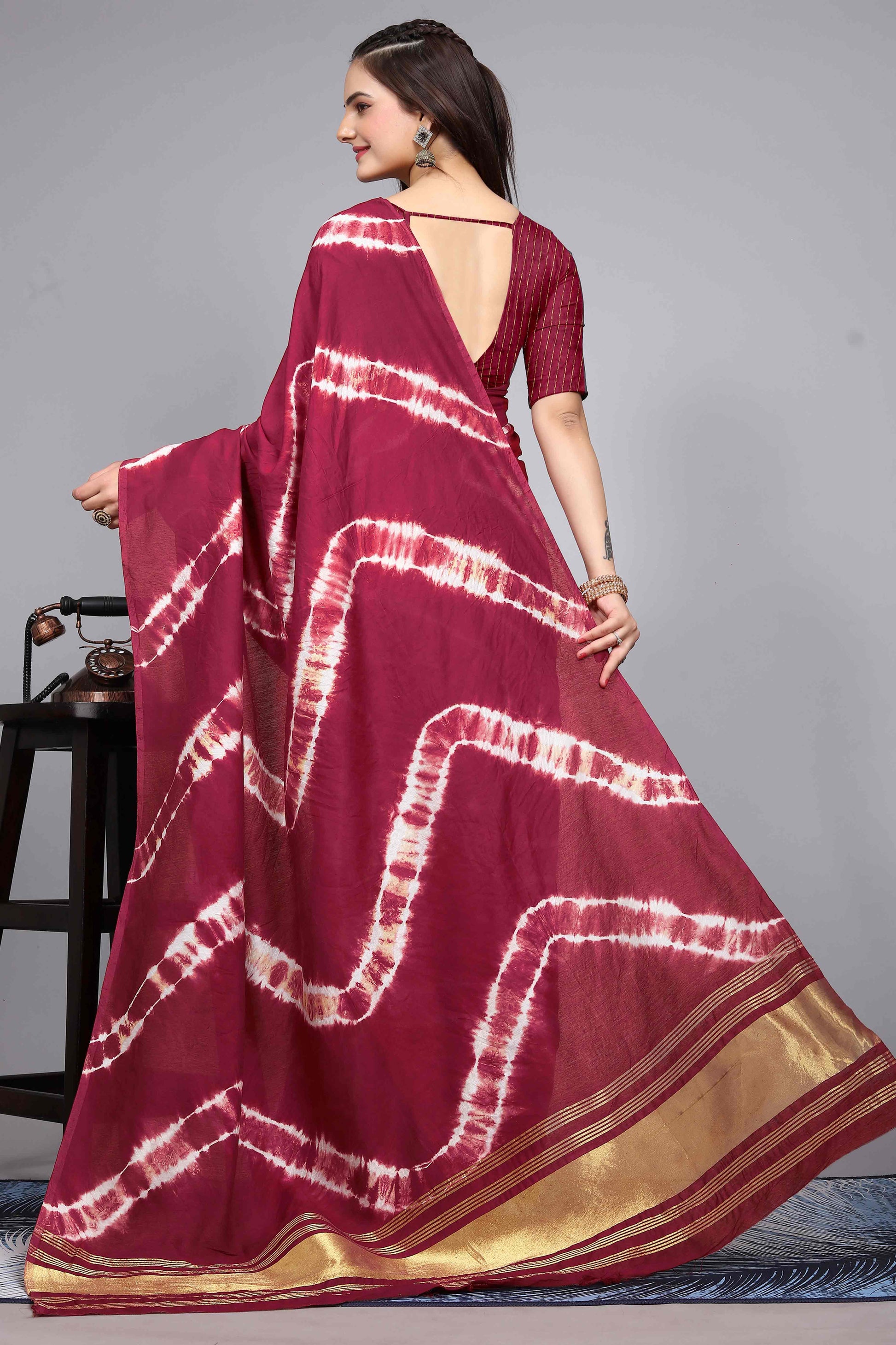 Maroon Shibori Leheriya Printed Chanderi Cotton Silk Lagdi Patta Saree