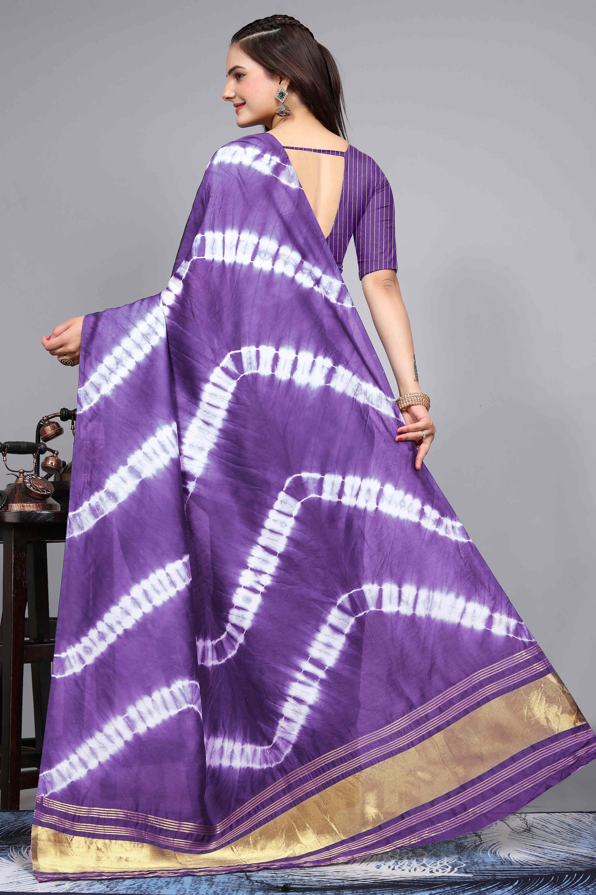 Lavender Shibori Leheriya Printed Chanderi Cotton Silk Lagdi Patta Saree