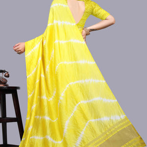 Lemon Yellow Leheriya Printed Chanderi Cotton Silk Lagdi Patta Saree