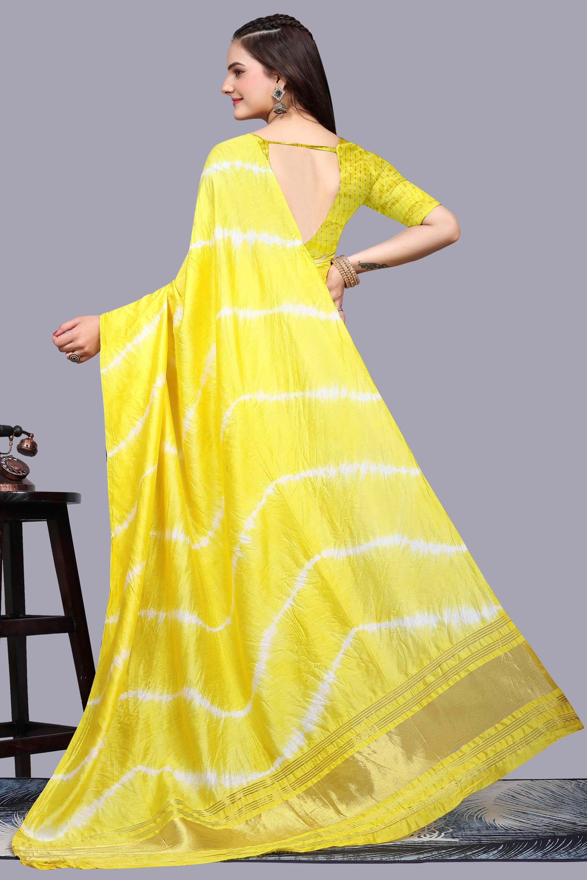 Lemon Yellow Leheriya Printed Chanderi Cotton Silk Lagdi Patta Saree