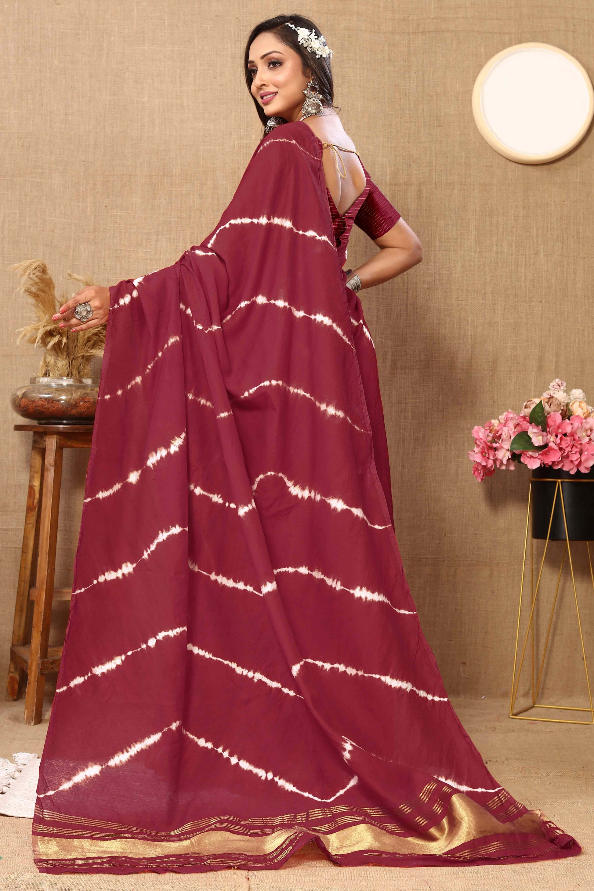 Maroon Leheriya Printed Chanderi Cotton Silk Lagdi Patta Saree