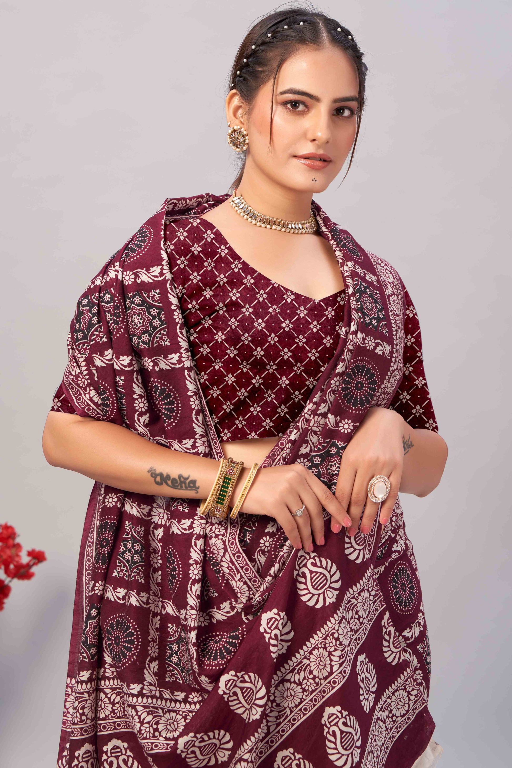 Maroon Ajrakh Printed Cotton Blend Saree