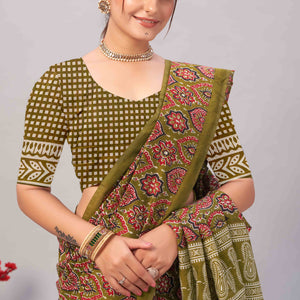 Mehendi Green Ajrakh Printed Cotton Blend Saree