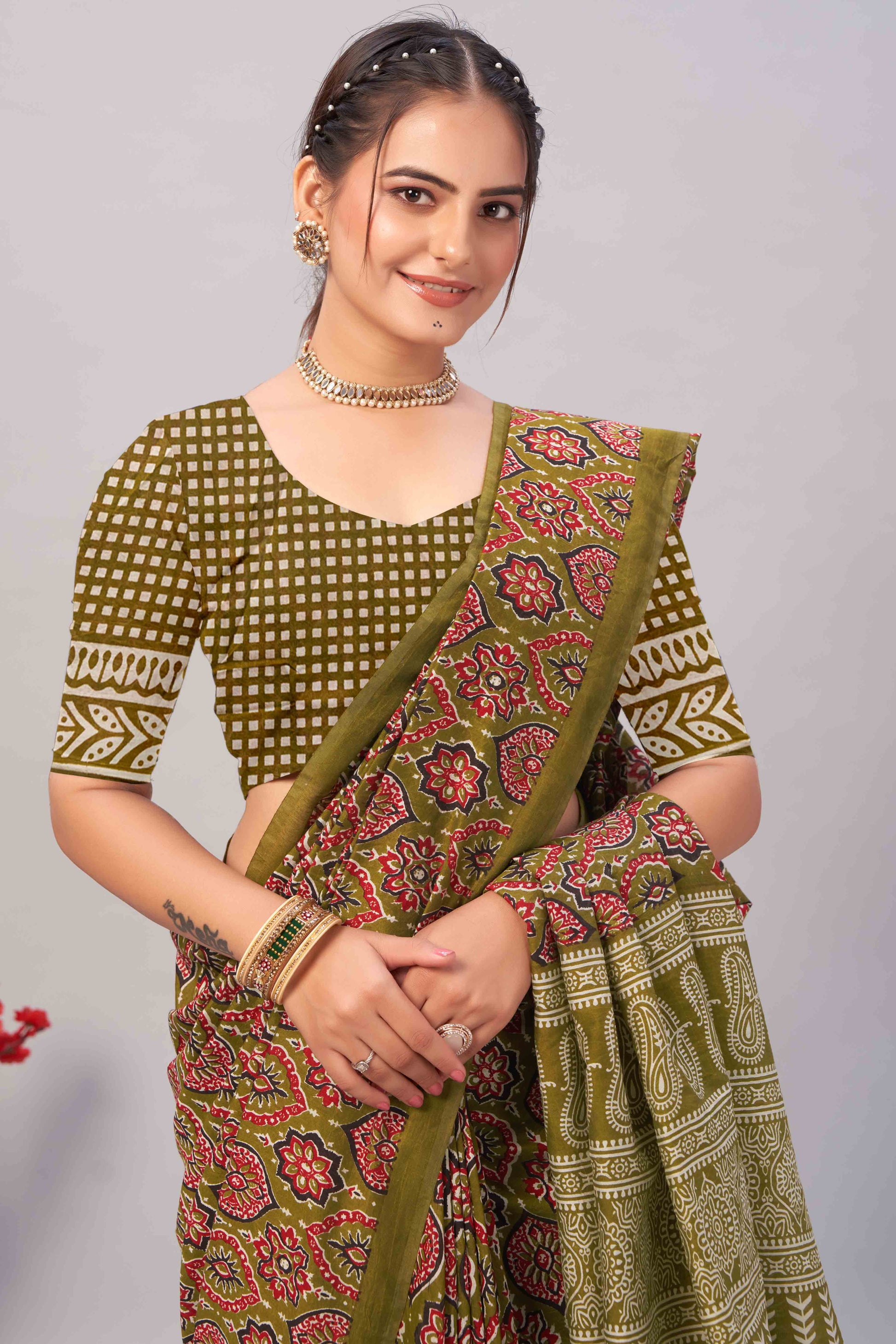 Mehendi Green Ajrakh Printed Cotton Blend Saree