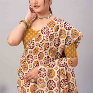 Cream & Mustard Ajrakh Printed Cotton Blend Saree