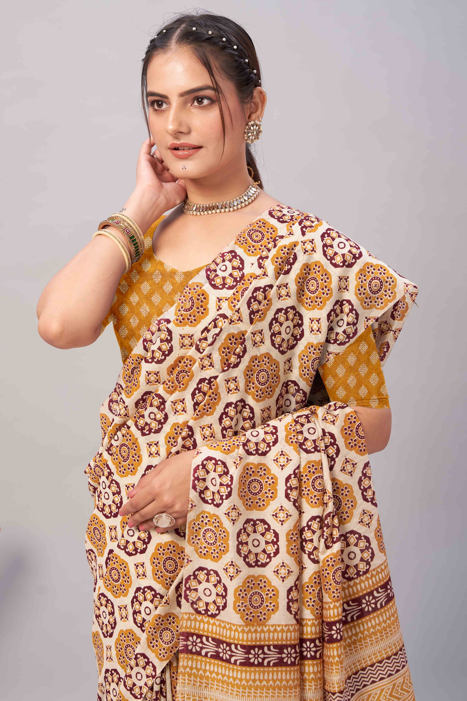 Cream & Mustard Ajrakh Printed Cotton Blend Saree