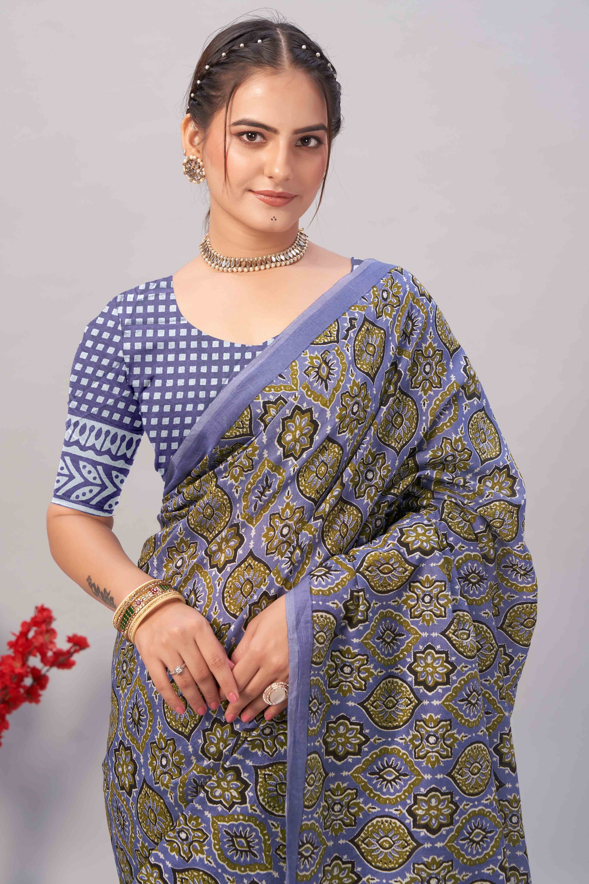 Light Lavender Ajrakh Printed Cotton Blend Saree