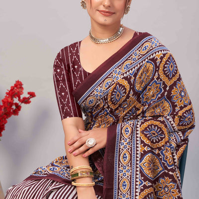 Dark Maroon Ajrakh Printed Cotton Blend Saree