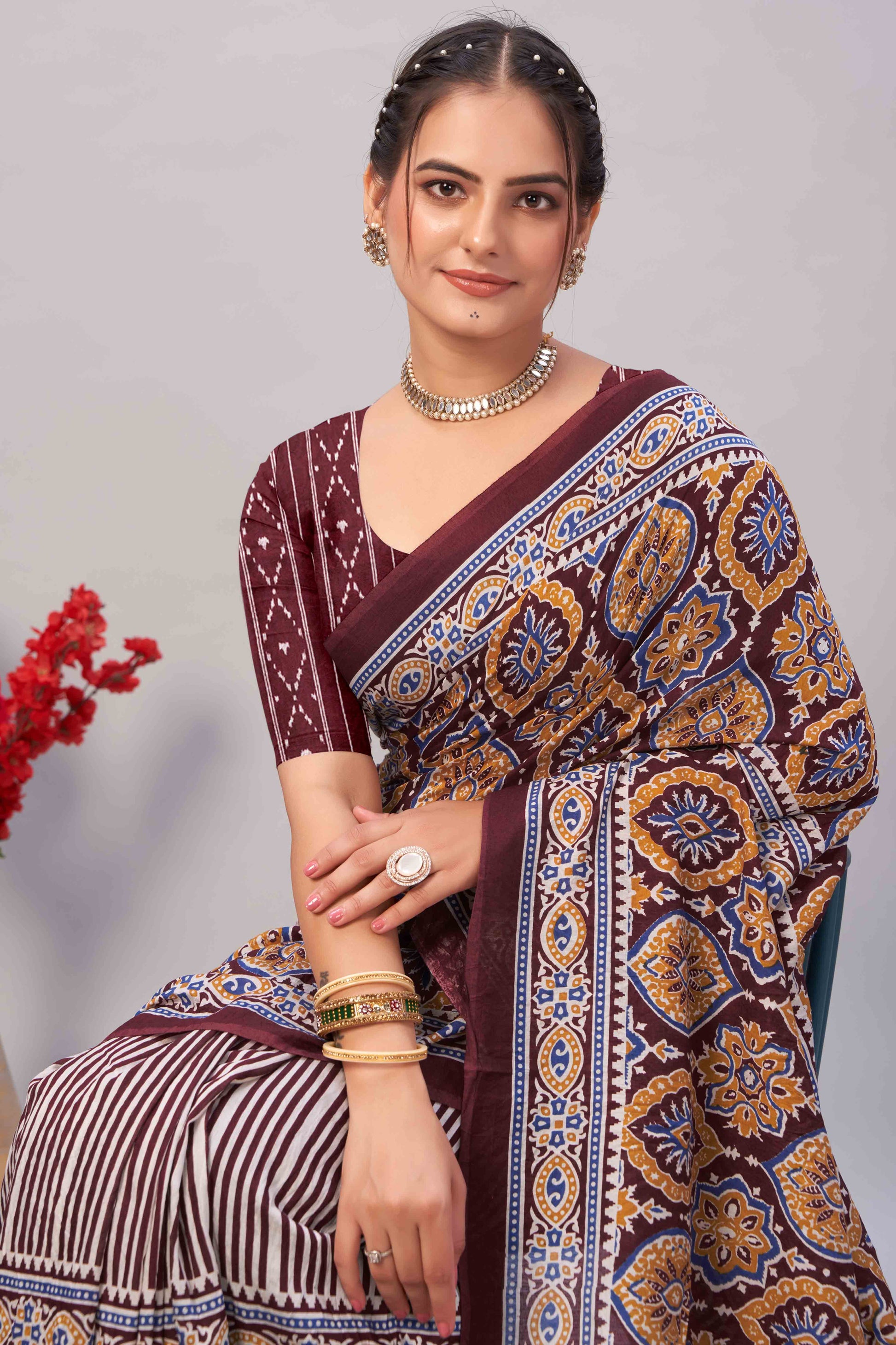 Dark Maroon Ajrakh Printed Cotton Blend Saree