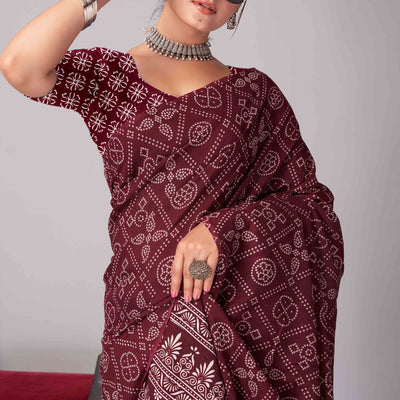 Dark Maroon Ajrakh Printed Cotton Blend Saree