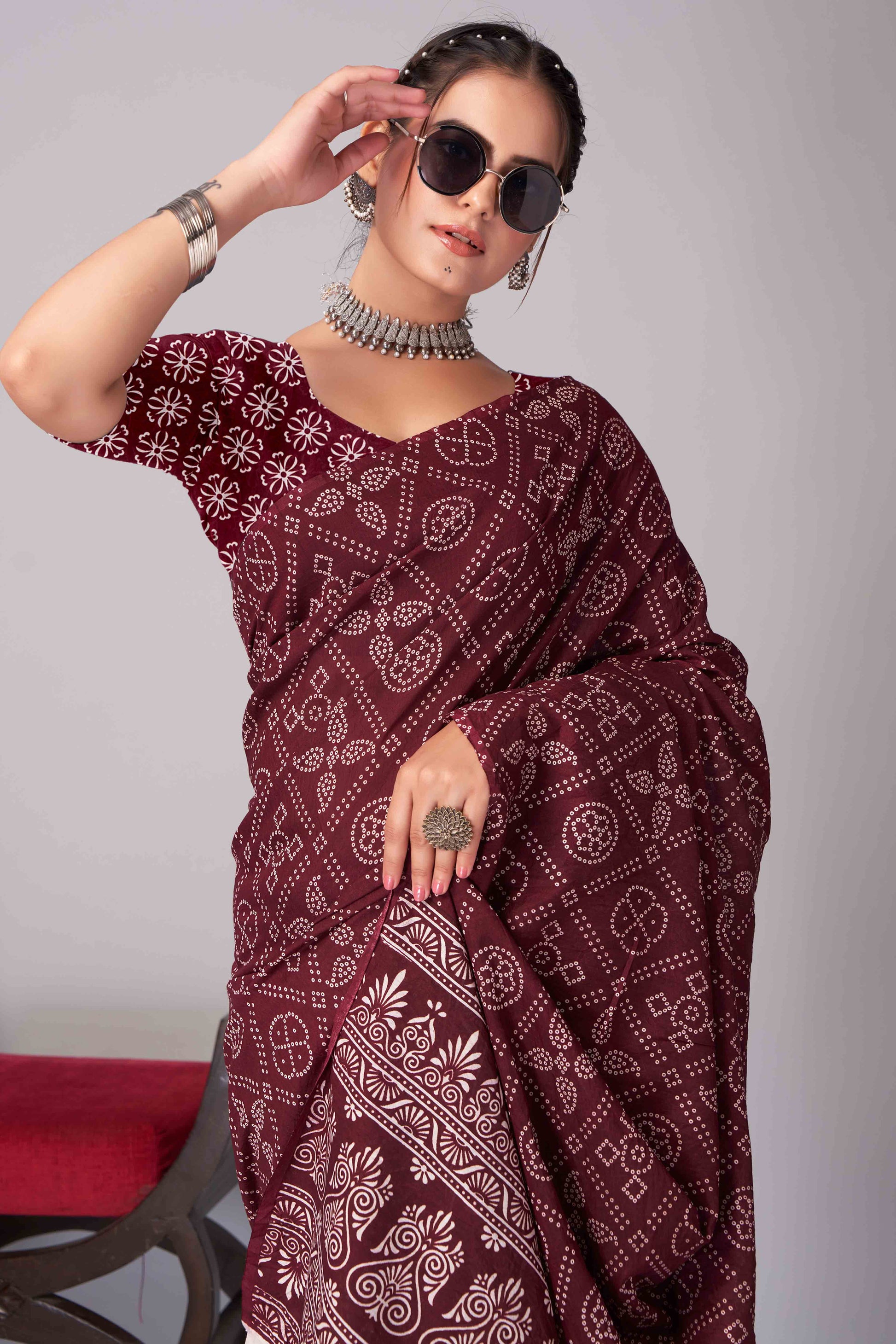 Dark Maroon Ajrakh Printed Cotton Blend Saree