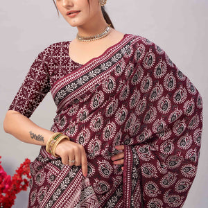 Dark Maroon Ajrakh Printed Cotton Blend Saree