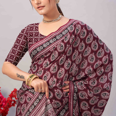 Dark Maroon Ajrakh Printed Cotton Blend Saree
