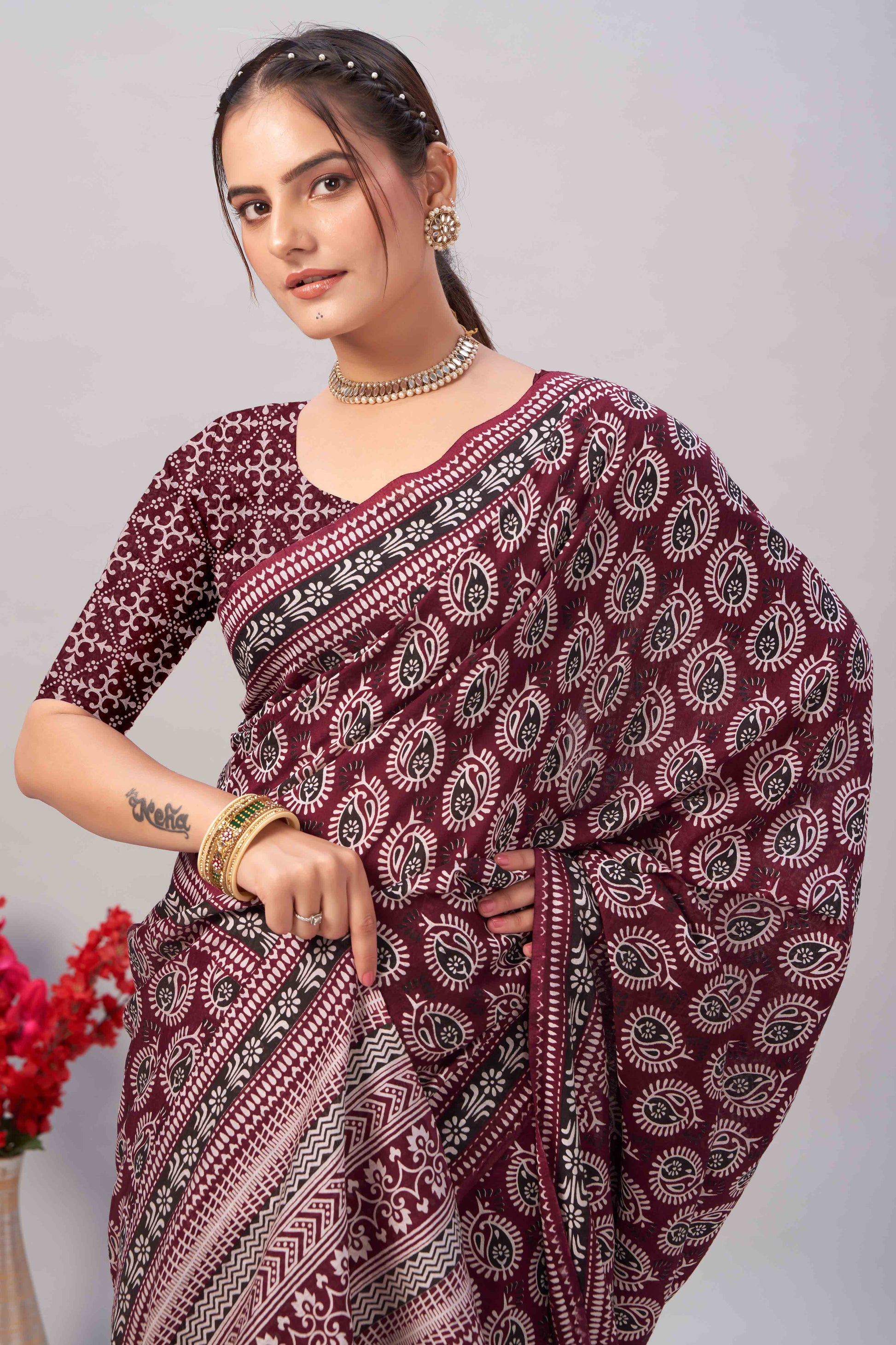 Dark Maroon Ajrakh Printed Cotton Blend Saree