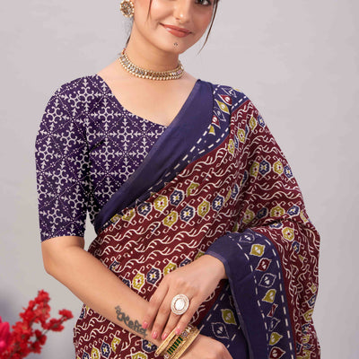 Maroon & Blue Ajrakh Printed Cotton Blend Saree