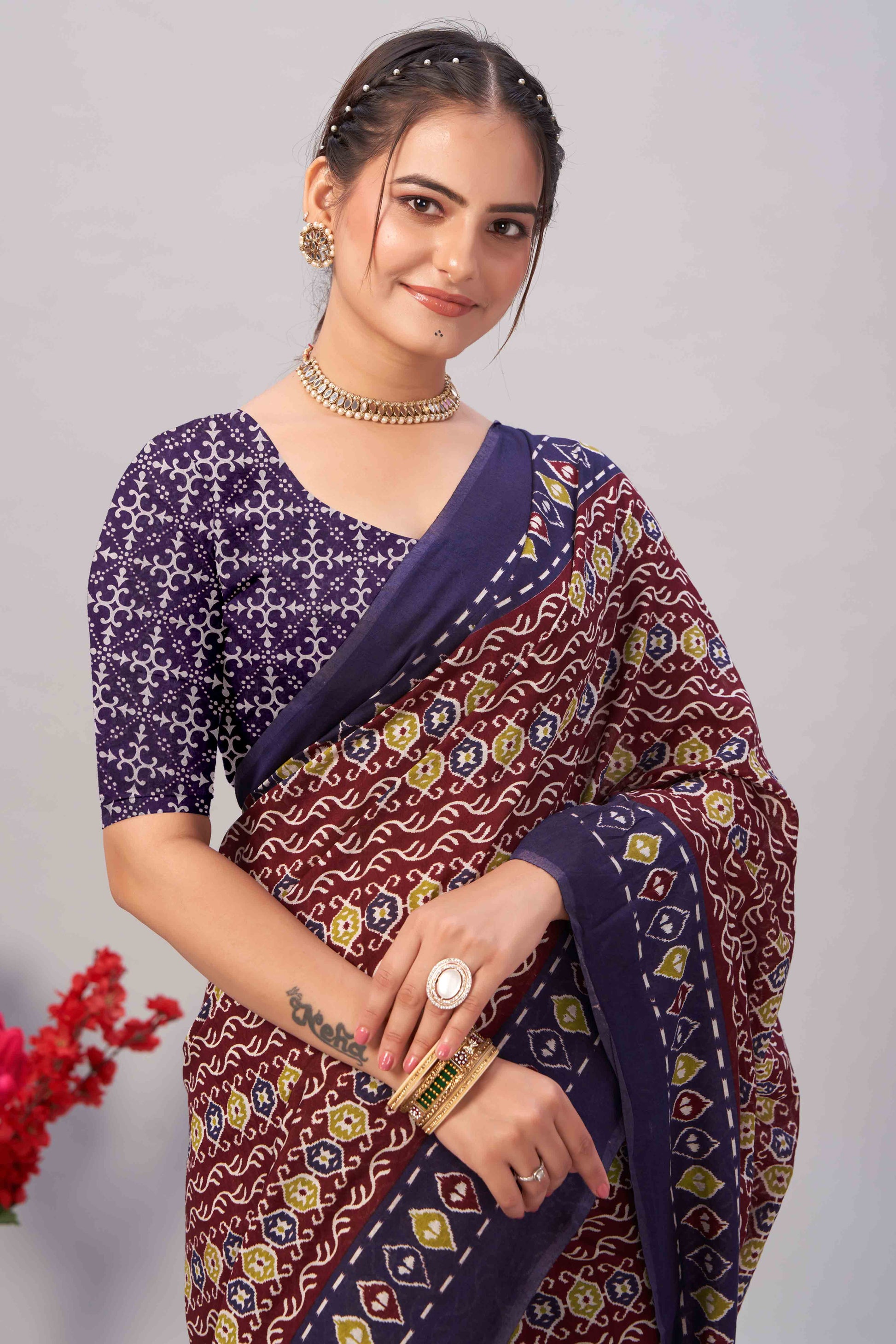 Maroon & Blue Ajrakh Printed Cotton Blend Saree
