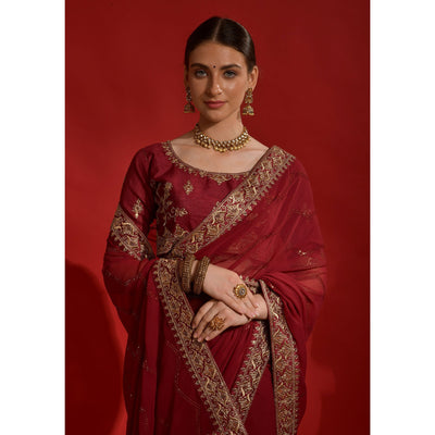 Maroon Sequins Embroidered Georgette Saree