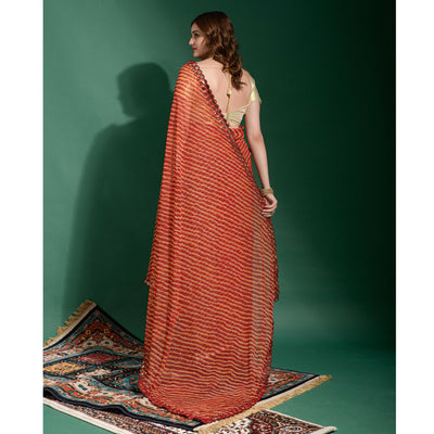 Maroon Leheriya Printed With Embroidered Border Chiffon Saree