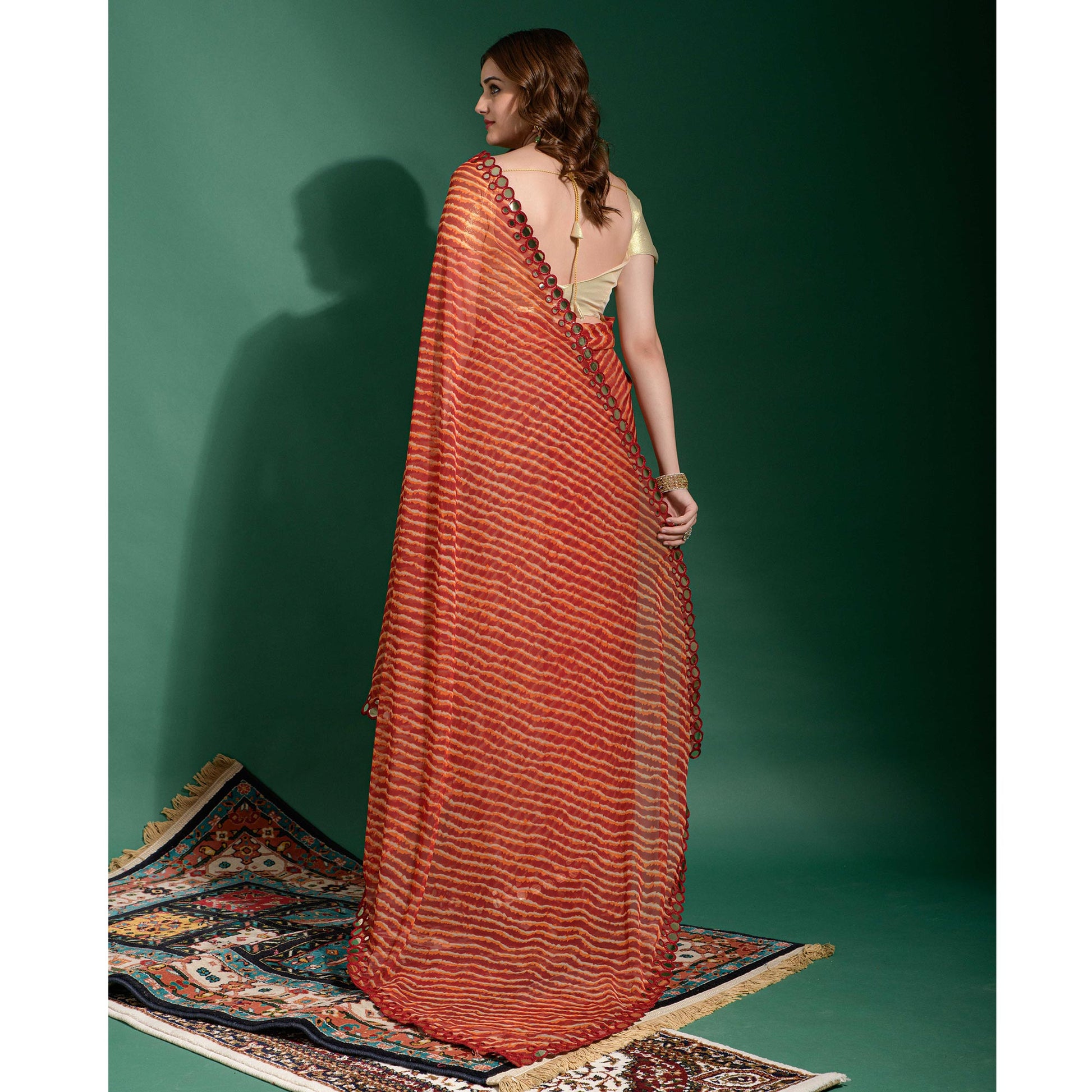 Maroon Leheriya Printed With Embroidered Border Chiffon Saree