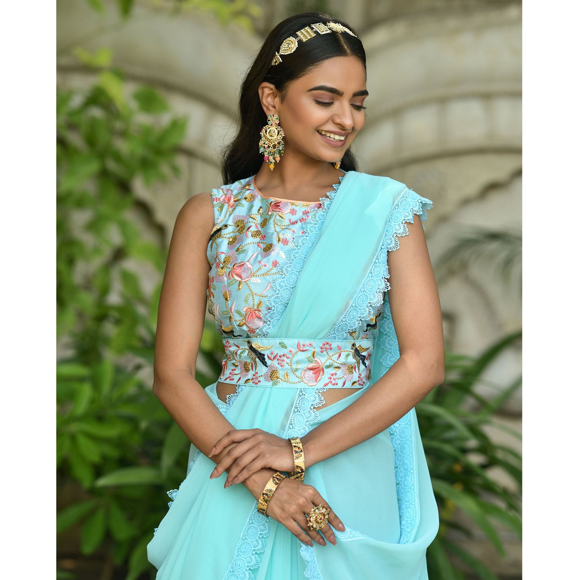 Blue Solid Georgette Saree With Embroidered Bloue Piece