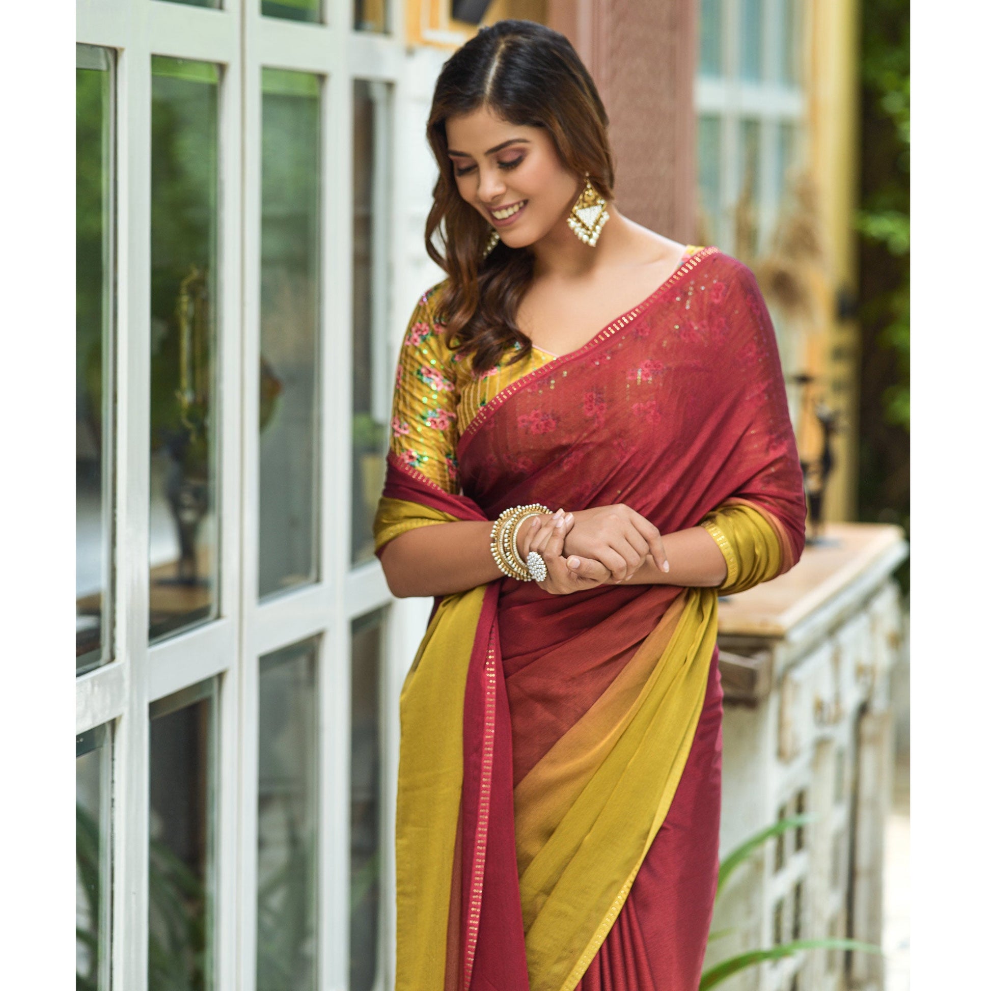 Maroon & Yellow Solid Chiffon Saree With Tassels