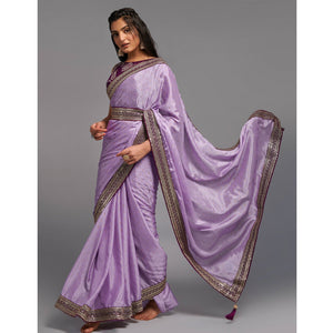 Light Purple Foil Printed With Embroidered Border Chinon Saree