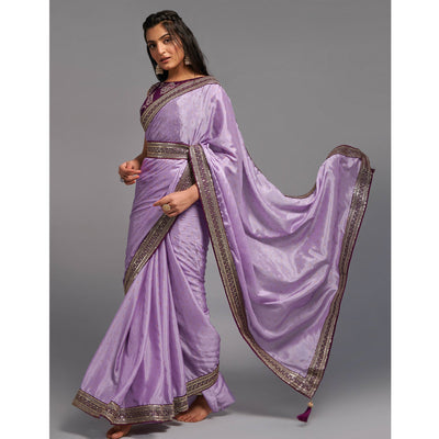 Light Purple Foil Printed With Embroidered Border Chinon Saree